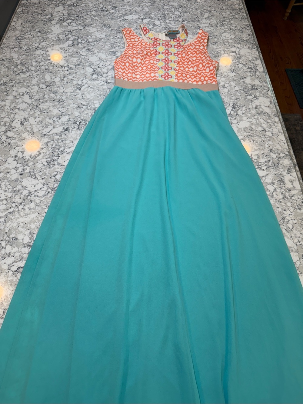 Flying Tomato teal Maxi Dress with Coral and Cream Embroidered Bodice size M